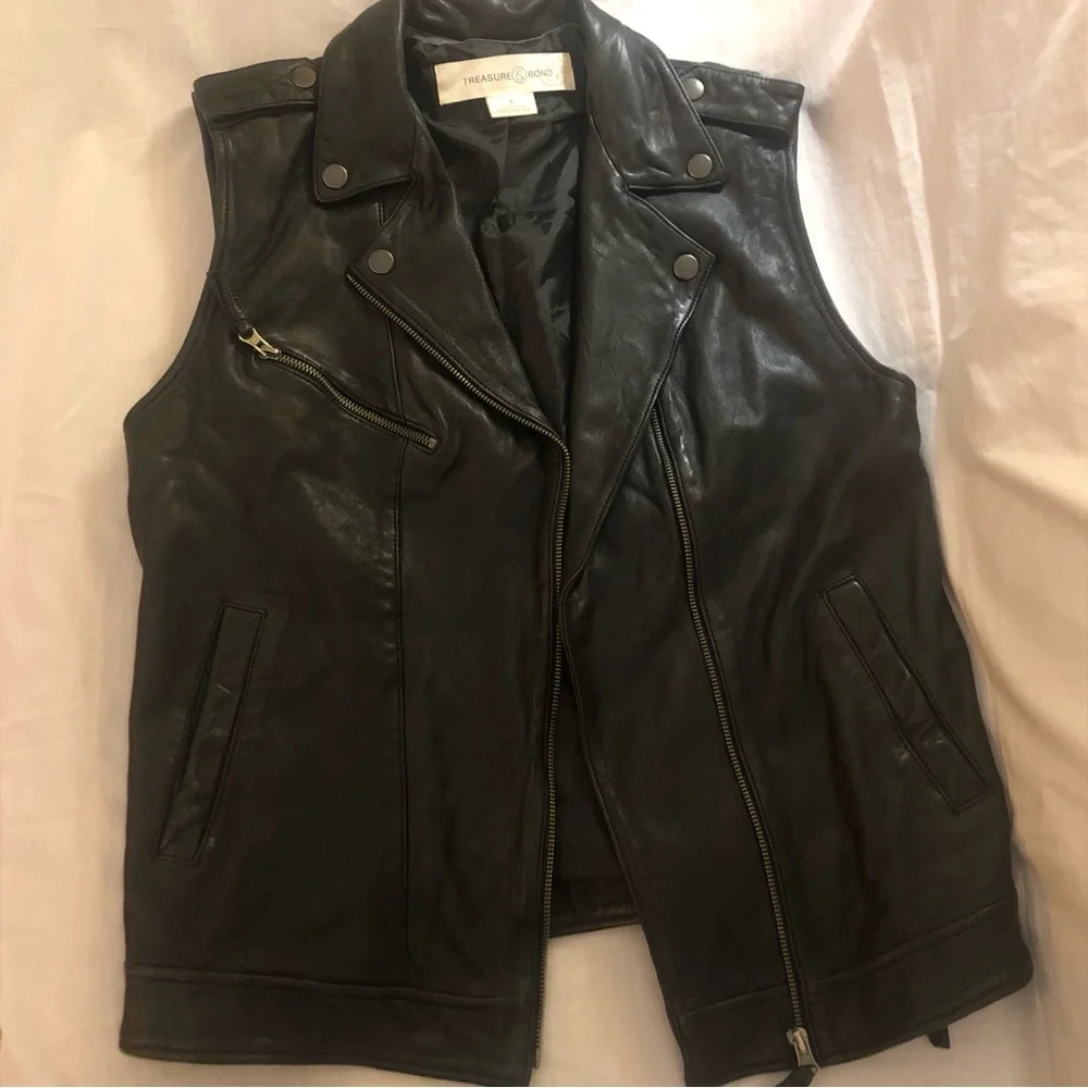 Treasure &Bond Black 100% Leather Vest Nordstrom Brand Biker Babe Women’s Small - Picture 10 of 14